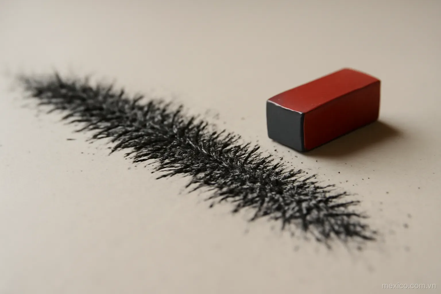 Iron filings scattered in an even line on a flat surface with a small bar magnet at one end, close view, no text