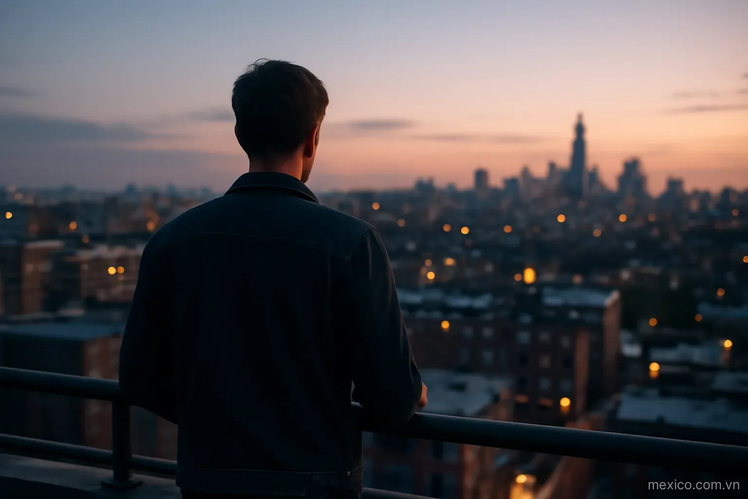A person standing at a rooftop railing looking over a city at dusk, back view, no text