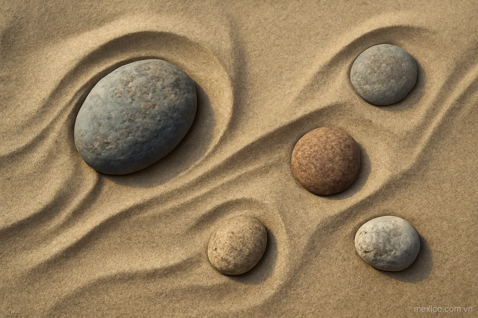 Flowing sand parting around several fixed stones leaving clear gaps behind them, overhead view, no text