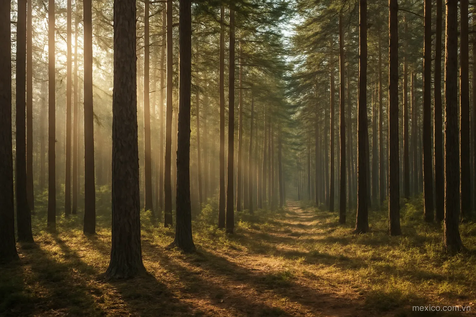 A forest of tall pine trees with sunlight filtering through, wide view, no text