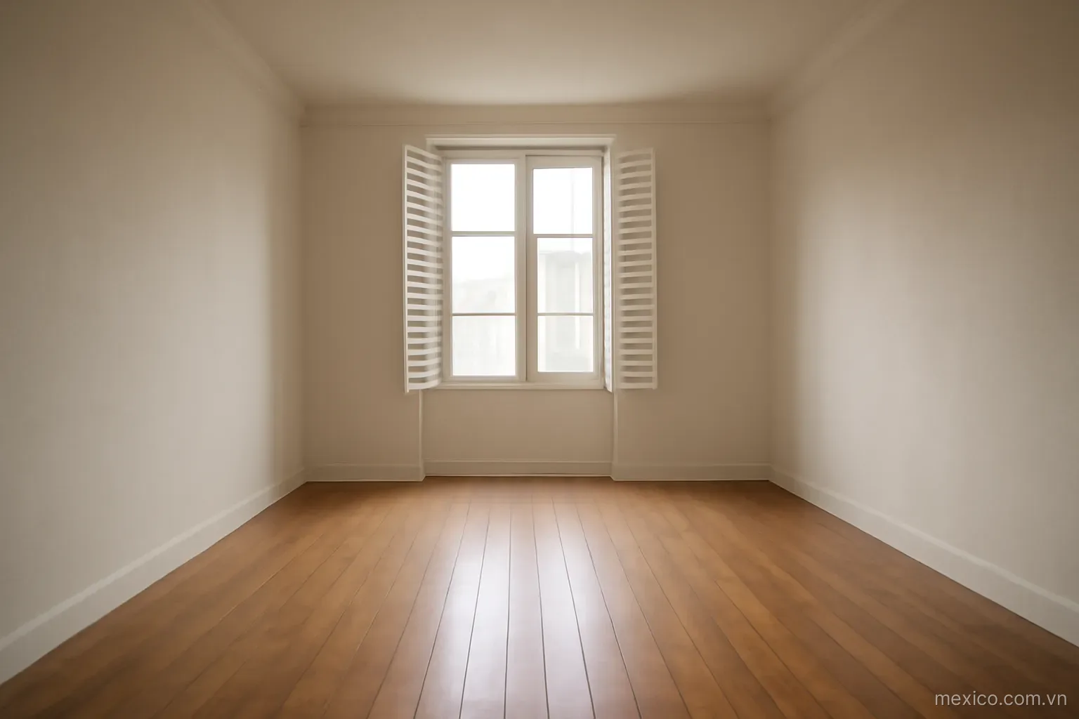 An empty apartment room with wooden floor and a window with shutters, wide view, no text