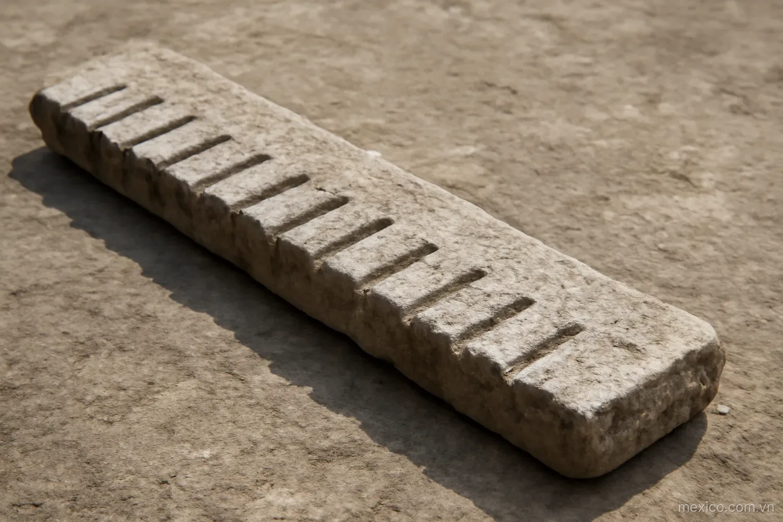 A long stone bar laid flat with evenly spaced notches carved along its length, overhead view, no text