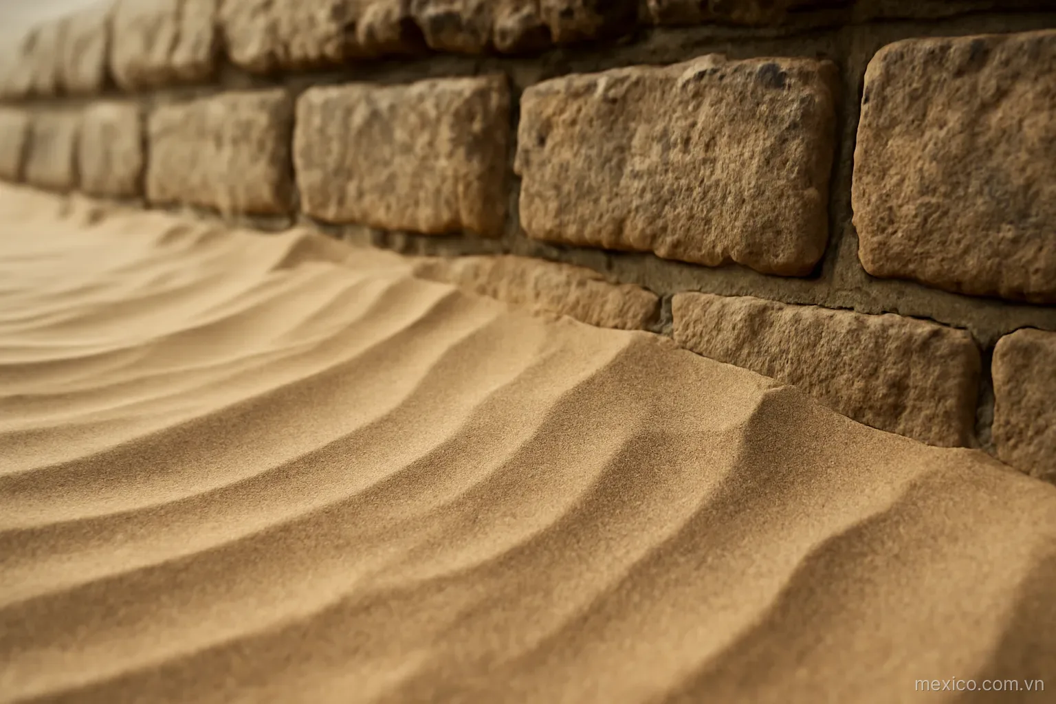 Sand ridges piled unevenly against one side of a row of stones, low angle view, no text
