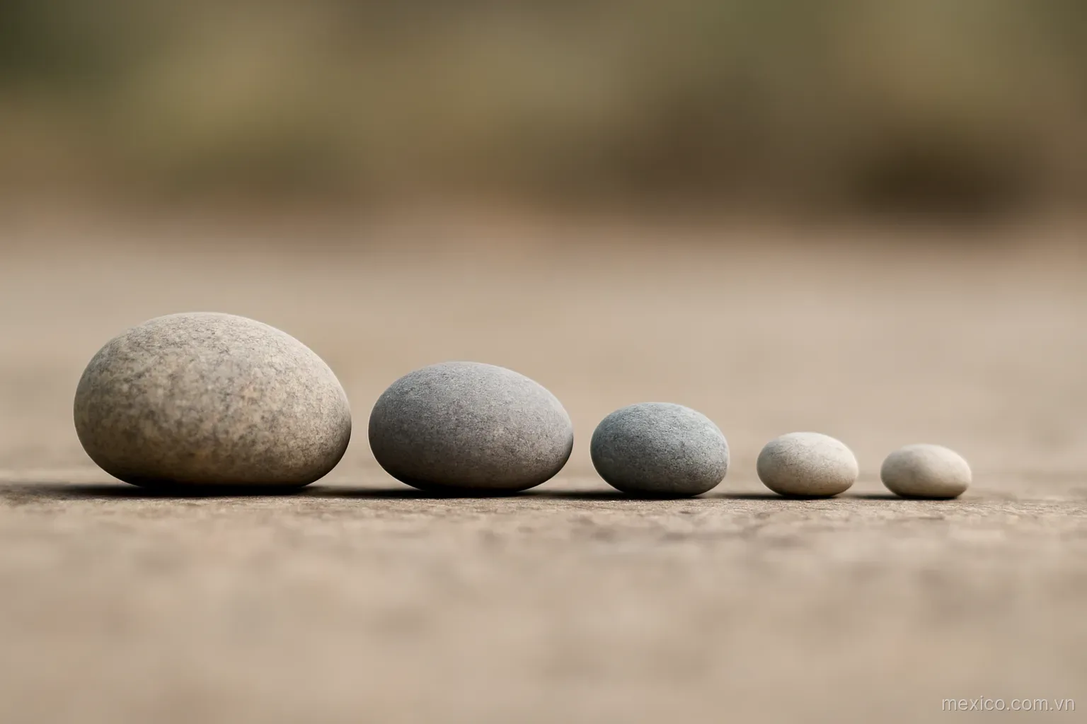 A row of stones decreasing steadily in size from left to right on flat ground, side view, no text