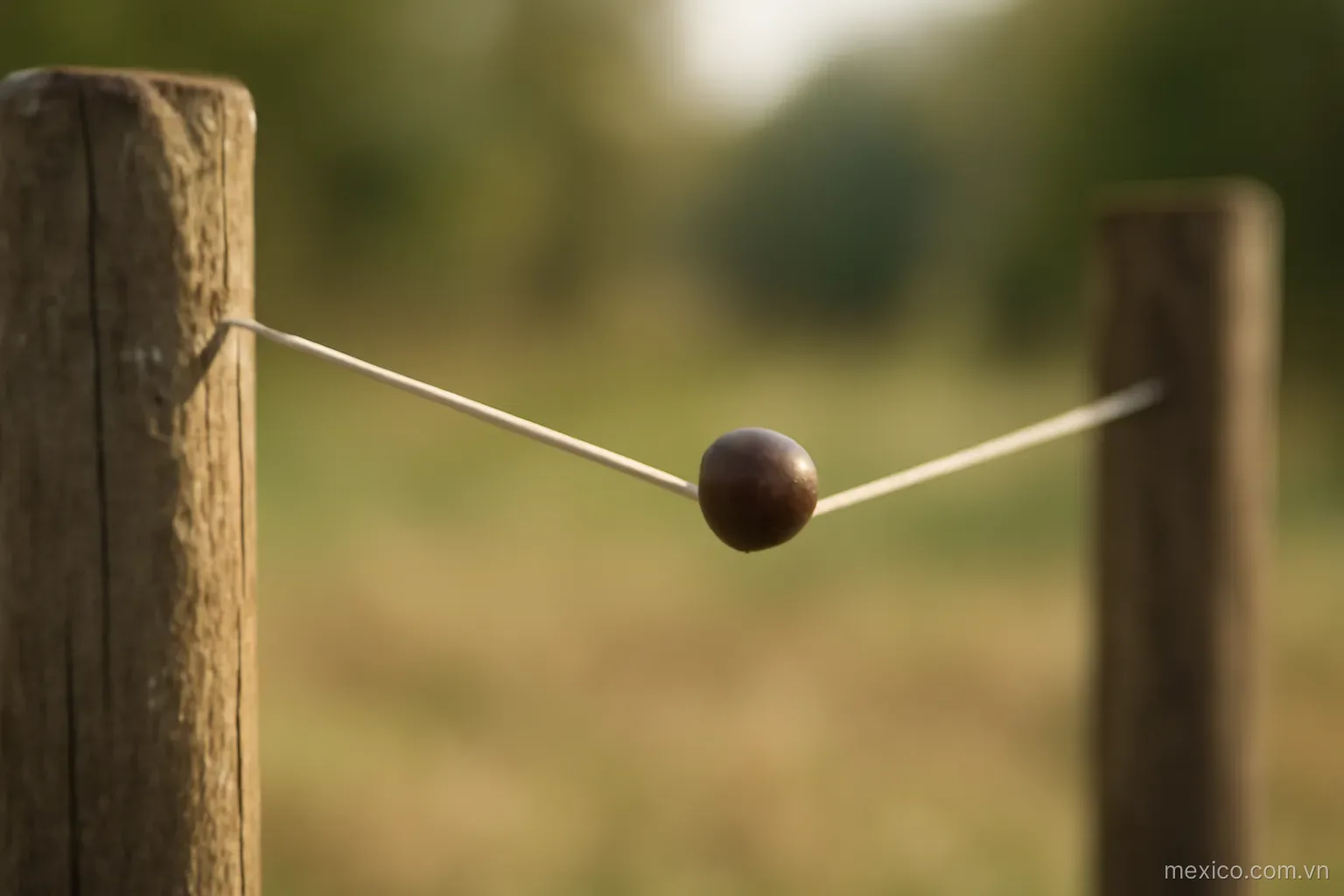 A taut string stretched at a slope between two posts with a single bead resting on it, no text