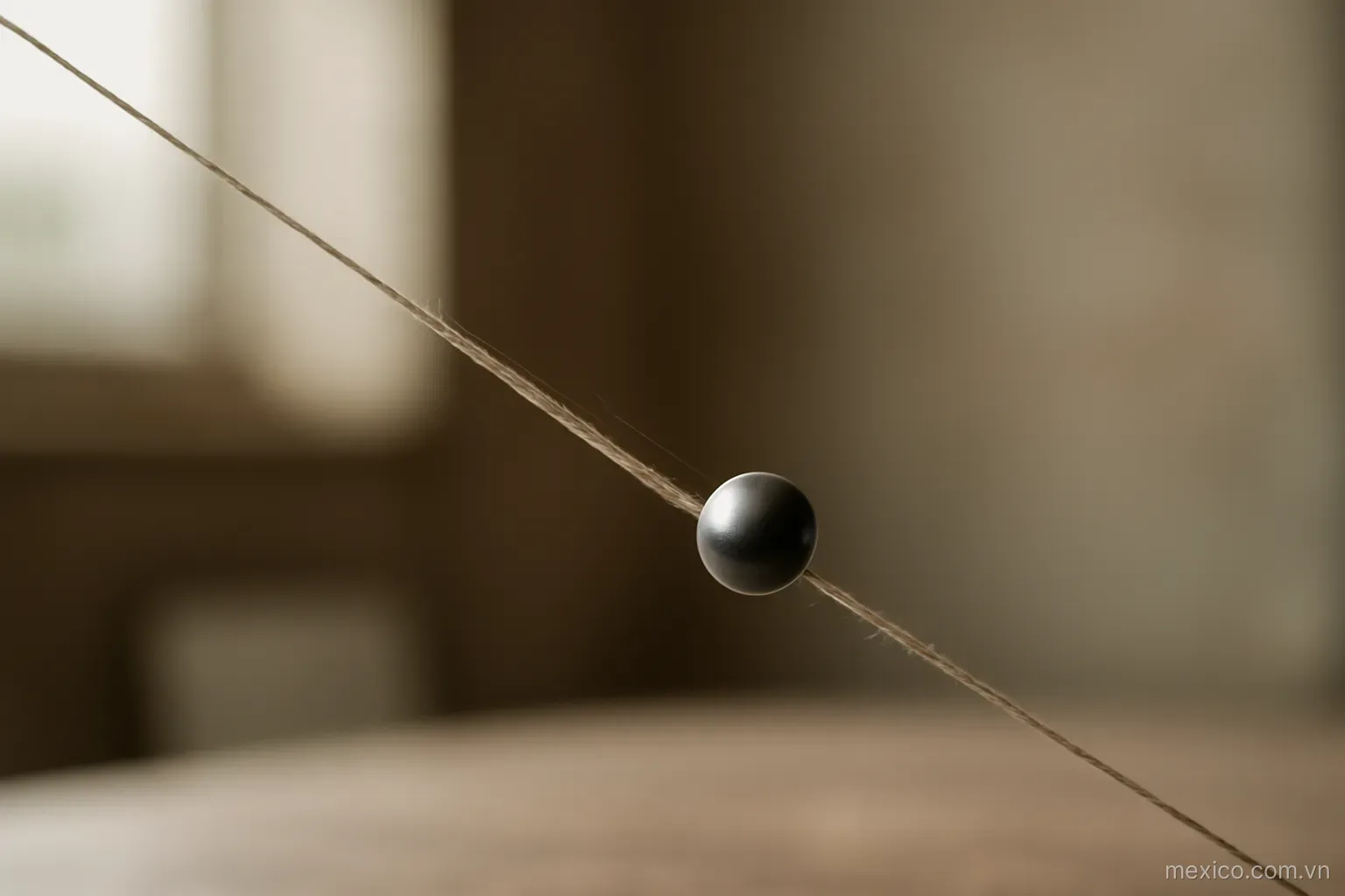 A bead sliding slowly down a sloped taut string, motion shown by faint marks, no text