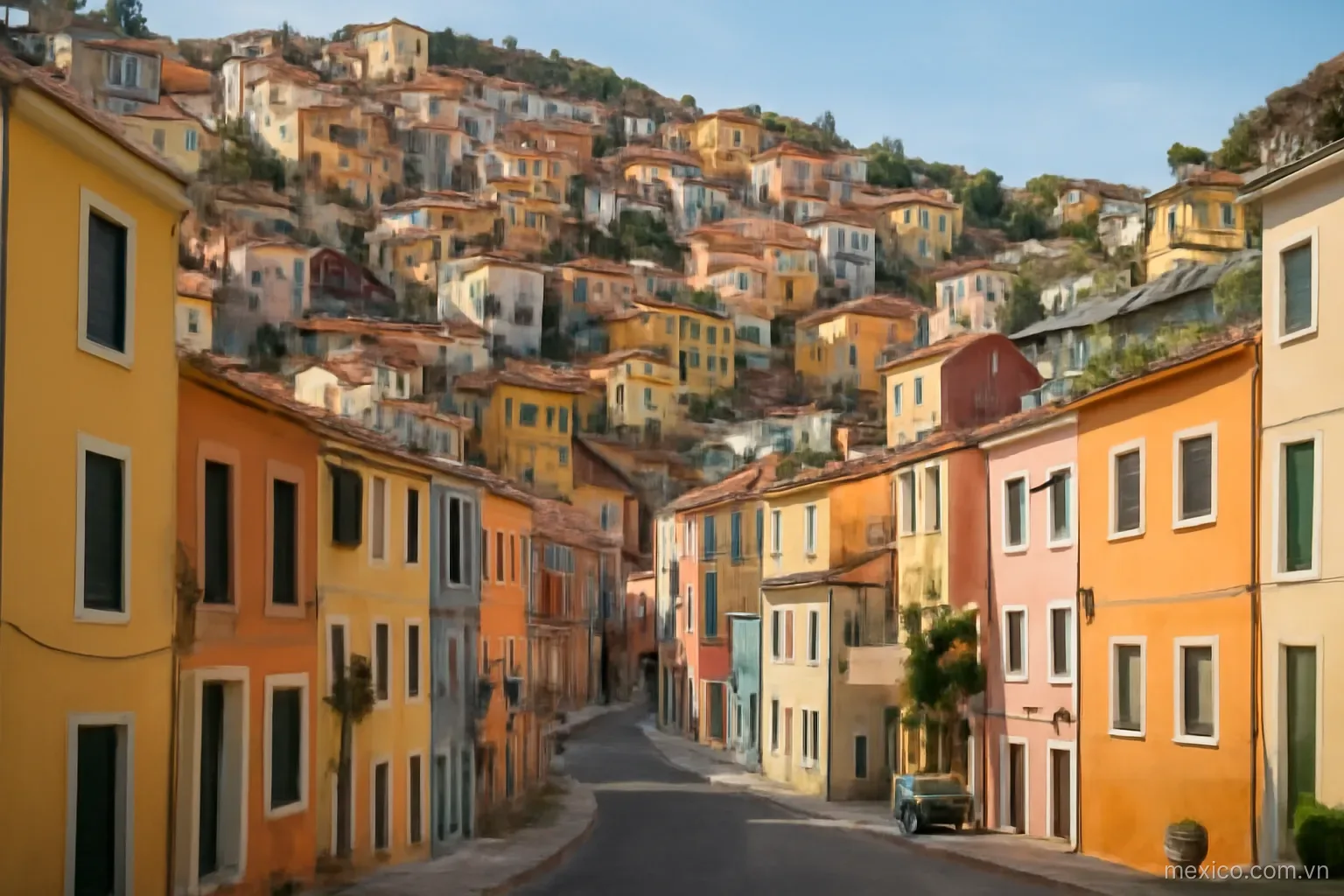 A hillside town of colorful houses stacked above narrow streets, wide view, no text