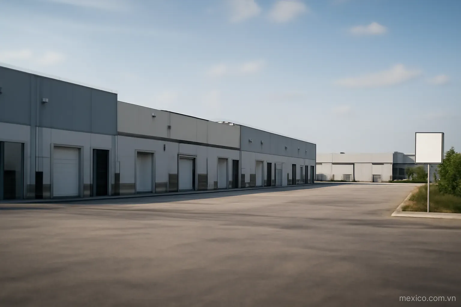 An industrial park with low warehouses and loading bays seen from a distance, wide view, no text
