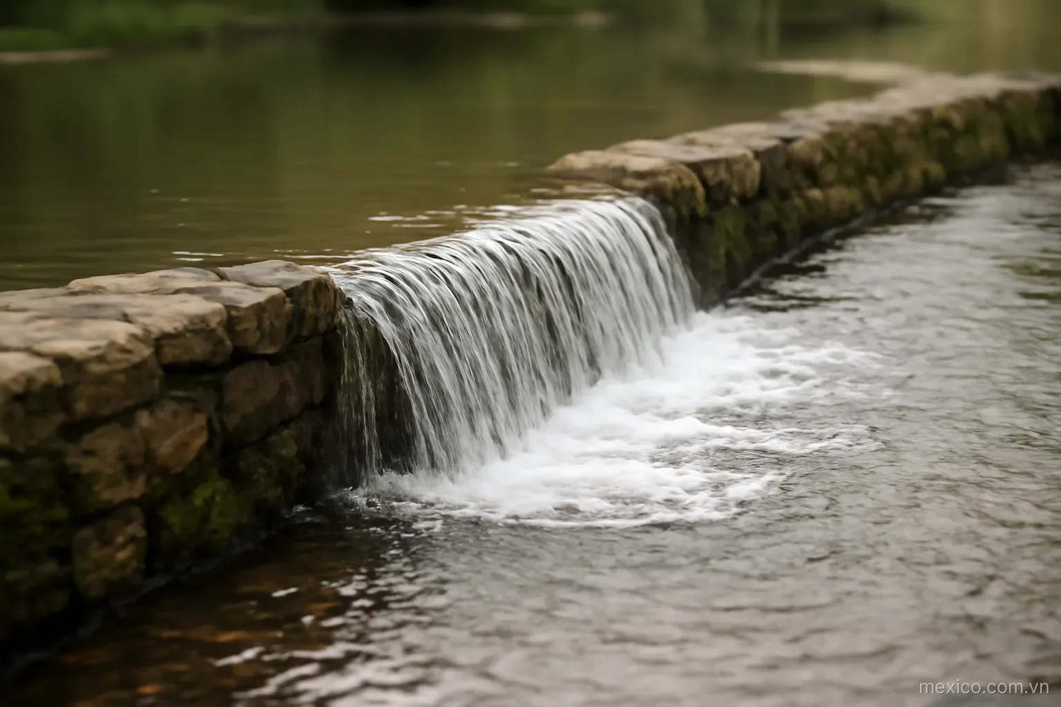Two adjacent water levels separated by a low stone weir, one higher than the other, side view, no text