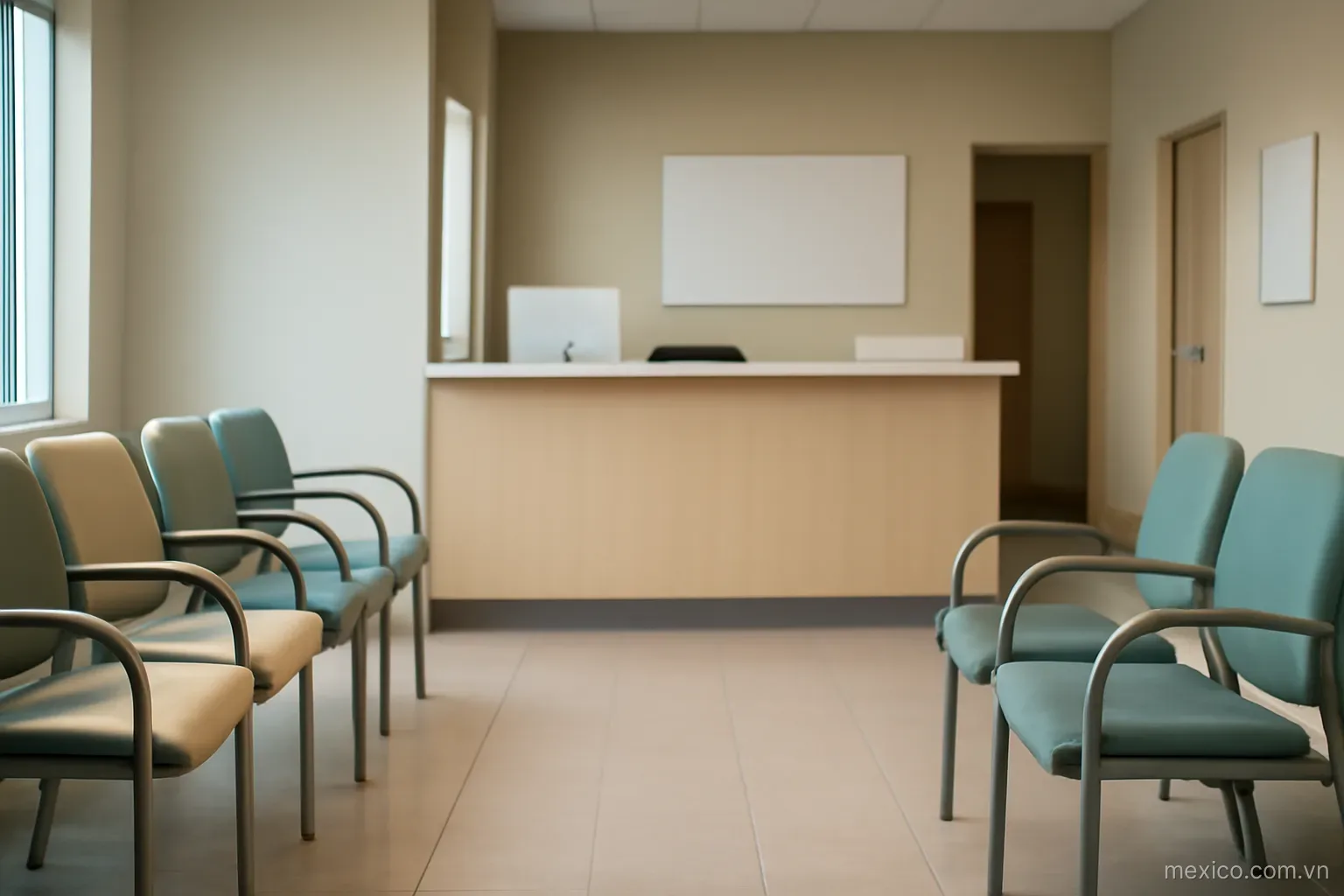 A clinic waiting room with chairs and a reception desk, wide view, no text